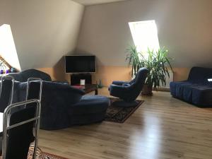DunaszigetCitellus Apartman的客厅配有2张蓝色沙发和电视