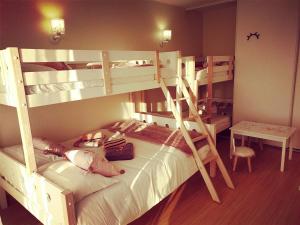 Breteuil-sur-Iton辛特雷公园公寓的一间卧室设有两张双层床和一张桌子