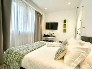 贝加莫Le Muraine的卧室配有一张床铺,墙上配有电视