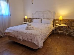 阿拉色那Casa Rural La Era 3 - Adults Only的一间卧室配有一张床、两张桌子和两盏灯。