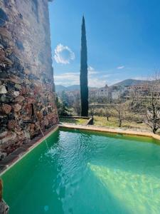 圣保Hotel Cal Sastre的石头墙前的游泳池