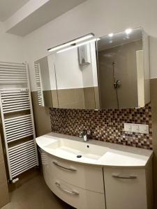 美因河畔法兰克福Willy Studio Apartment Frankfurt的浴室设有白色水槽和镜子