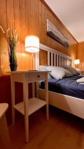 MattenCLOUD No3, Interlaken的一间卧室配有一张床、一张桌子和一张书桌