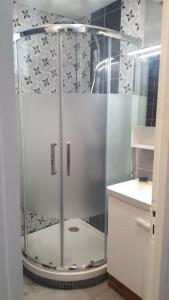阿蒂斯蒙斯Studio 2 lits jumeaux 1 station Tram aéroport Orly的浴室里设有玻璃门淋浴
