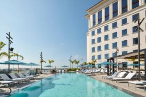 迈阿密Loews Coral Gables Hotel的一座带躺椅的游泳池和一座建筑