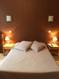 La Haye-du-Puits勒康莫塞酒店的一间卧室配有一张大床,两台桌子上放着两盏灯