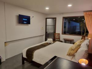 华欣Meyers Hua Hin的卧室配有一张床,墙上配有电视。