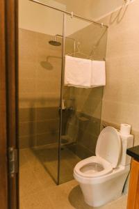 顺化Chi Homestay #4的一间带卫生间和玻璃淋浴间的浴室