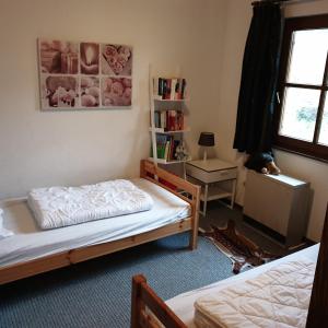 弗兰克瑙Gemütlicher Ferienbungalow in Frankenau, kostenloses WLAN的一间卧室设有两张床、一张桌子和一个窗口。
