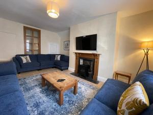 蒙默思The Hame的客厅设有蓝色的沙发和壁炉