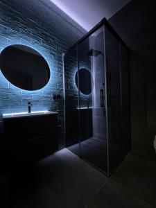 克莱佩达Comfort Hostel Klaipeda的带淋浴和盥洗盆的深色浴室