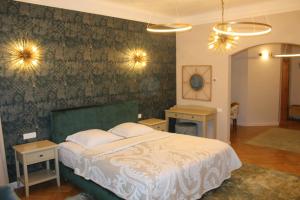 布拉索夫卡萨克兰塔酒店的一间卧室配有床、两个床头柜和两张桌子