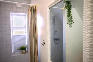 GuldborgMosters Bed & Breakfast的带淋浴和浴帘的浴室