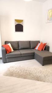 赫尔辛基Pikkuhuoneisto loistosijainnilla Töölössä的客厅配有灰色沙发,提供橙色枕头