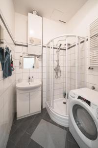 布拉格Josefov Riverside Apartment的浴室配有卫生间、盥洗盆和淋浴。