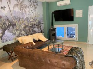 库列拉Nacaren Cullera的客厅配有棕色真皮沙发和平面电视。