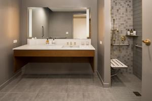 波特兰海洛傲途格精选酒店的一间带水槽、镜子和淋浴的浴室