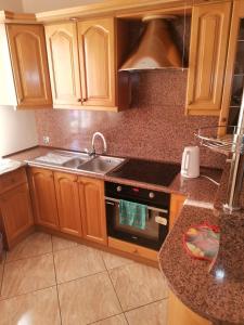OkleśnaApartament u Wioli的厨房配有木制橱柜、水槽和炉灶。