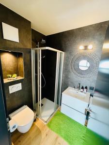 Chambre double privative et indépendante的带淋浴、卫生间和盥洗盆的浴室