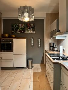 德累斯顿Villa am Park Apartment的厨房配有白色橱柜和吊灯。