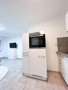 巴特瑙海姆Neu sanierte Einzimmerwohnung的厨房配有白色冰箱和微波炉