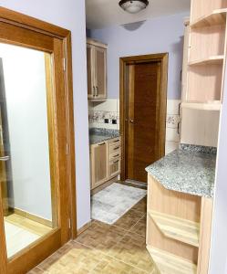 普拉夫Apartments & Rooms Brijest的厨房设有木制橱柜和门