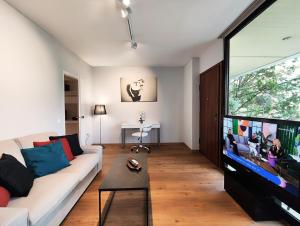 雅典维沃公寓的带沙发和平面电视的客厅