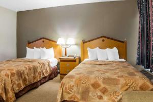 温泉城Lotus by Hotel Inn - Hot Springs的酒店客房设有两张床和两盏灯。