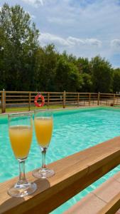 阿尔托帕肖Sibolla Holidays的两杯橙汁坐在游泳池旁