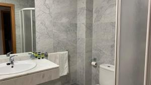 锡古恩萨Hotel Posta Real的一间带水槽、卫生间和镜子的浴室