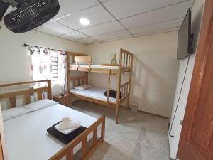 蒙特内哥罗Ekolores Hostal - PARQUE DEL CAFÉ - 313-468-08-41的配有一张床和两张双层床的房间