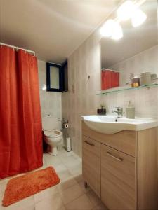 费斯卡尔德宏Affordable vintage apartment near Fiscardo & Assos的浴室设有水槽和红色的淋浴帘