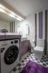 卡利斯托斯Trap's house的一间带洗衣机和紫色地毯的浴室