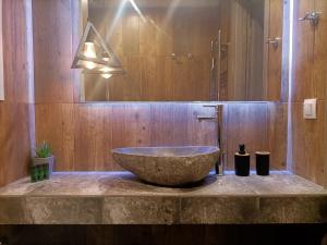 雅典Kallimarmaro Cozy的一间带石制水槽和镜子的浴室