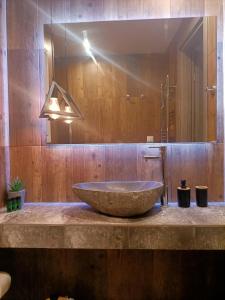 雅典Kallimarmaro Cozy的一间带石质水槽和大镜子的浴室