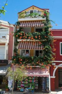 扎金索斯镇Attic flat ''Tsoukalas Group''的一座建筑,上面有鲜花
