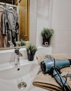 兹拉蒂博尔Apartman Silver Star Zlatibor的浴室设有水槽,毛巾上配有照相机