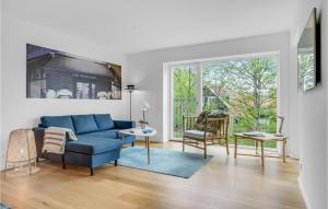 霍恩拜克Nice Apartment In Hornbk With Wifi的客厅设有蓝色的沙发和窗户。
