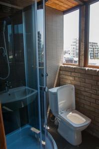 巴统Hotel Phaliashvili的浴室配有卫生间、淋浴和盥洗盆。