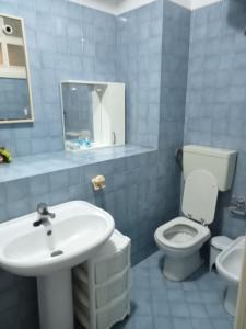 兰佩杜萨Cala Maluk的蓝色瓷砖浴室设有水槽和卫生间