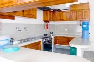 比亚米尔港Cielo Azul Galápagos Hotel的一个带木制橱柜和水槽的厨房
