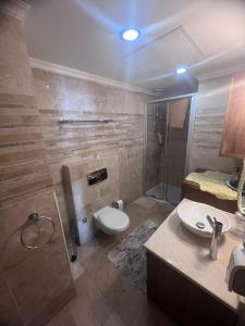 阿拉尼亚Luxery suite GOLDCITY GOLD CITY Alanya的浴室配有卫生间、淋浴和盥洗盆。