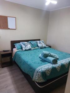 蒙特港Acogedor depto al sur de Chile buena accesibilidad的一间卧室配有一张带蓝色毯子和枕头的床。
