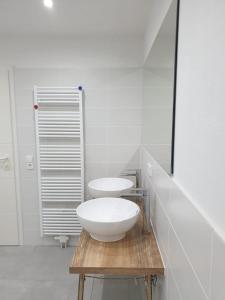 普特布斯DTS Appartements的浴室设有木桌上的两个盥洗盆