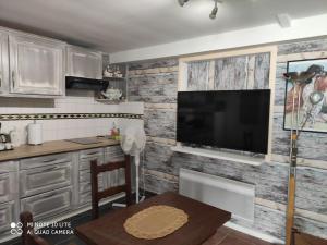 米利拉福雷Maison avec deux chambres au calme的厨房配有壁挂式平面电视。