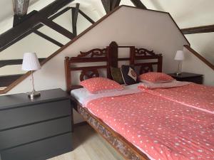 芒通圣贝尔纳Castle View Menthon的一间卧室配有一张红色棉被的床