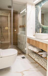 亚历山德鲁波利斯Annecy的带淋浴、卫生间和盥洗盆的浴室