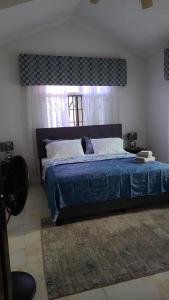 波特莫尔Caribbean Estates, 10 mins from the Beach, Beautiful Gated Community的一间卧室配有一张带蓝色毯子的大床