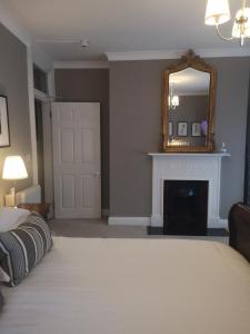 都柏林Shaw Suite的一间卧室配有一张床、镜子和壁炉