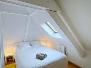 斯特拉斯堡Le Balcon fleuri centre Robertsau tram Jardiniers的配有天窗的客房内的一张白色床
